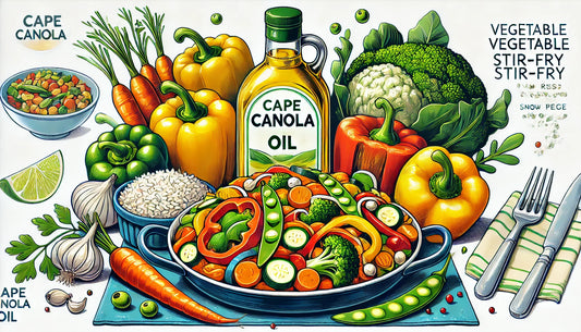 illustration of cape canola oil, stir fry vegetables and lots of greens on a plate