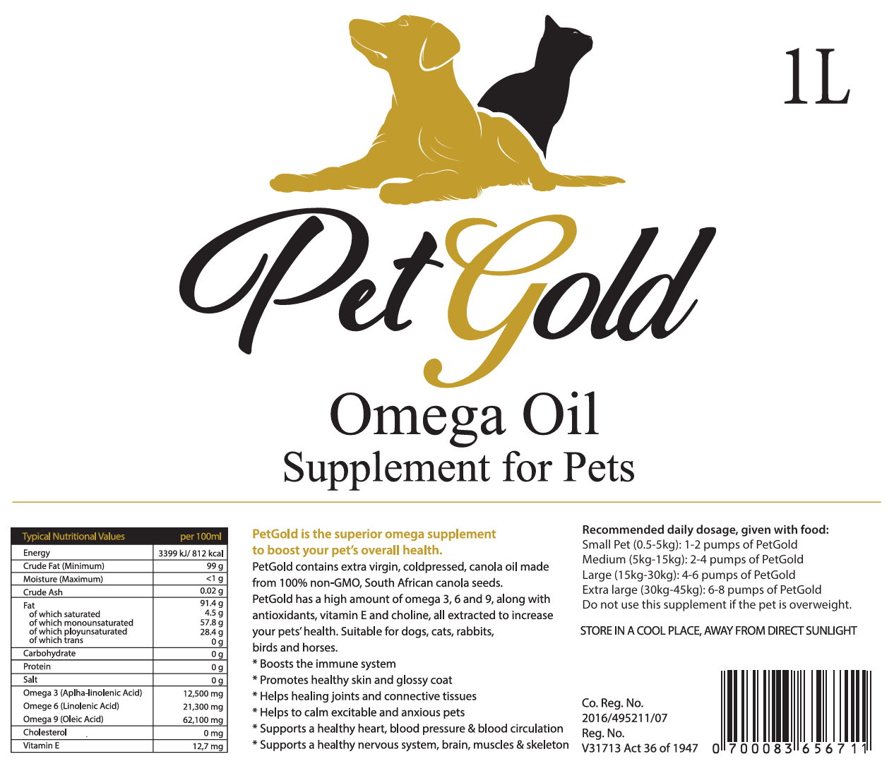 Pet Gold Omega Oil Supplement for Pets 1L