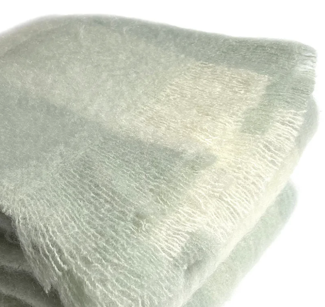 Luxurious Ingubo Mohair Wool Blanket Throw 180x130cm – Avocado Checkered Pastel Green