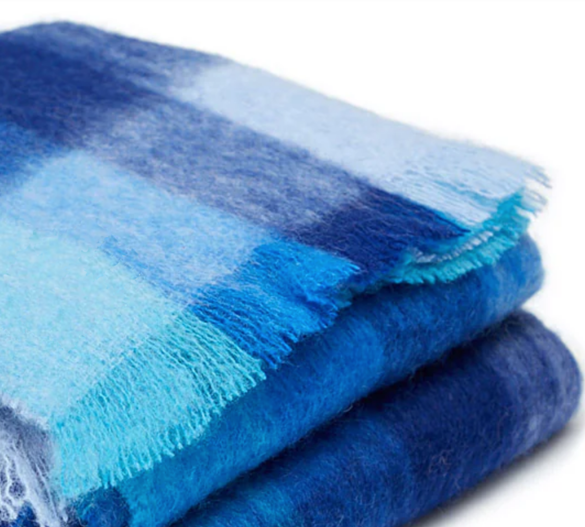 Luxurious Ingubo Mohair Wool Blanket Throw 180x130cm – Checkered Blues
