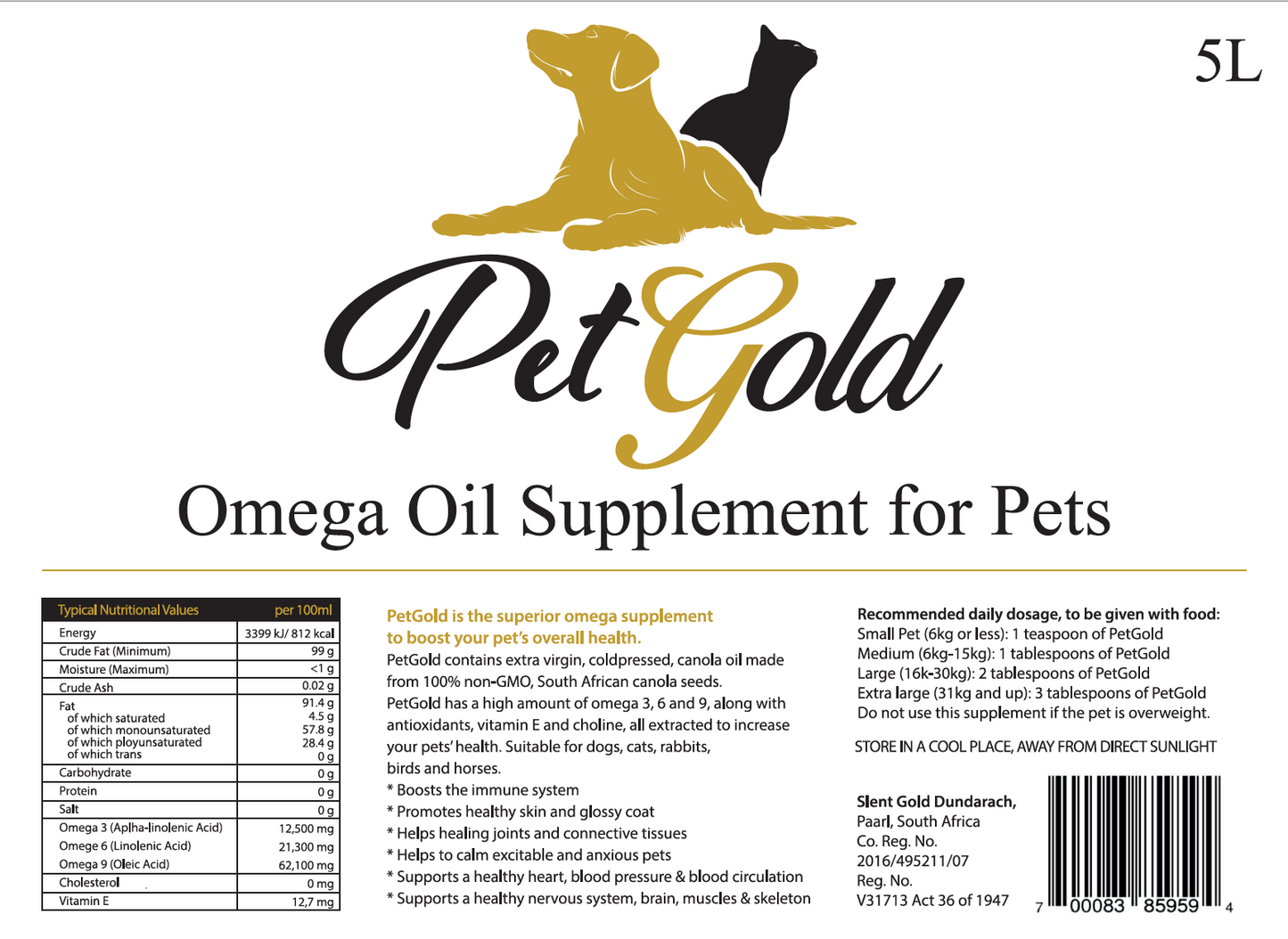 Pet Gold Omega Oil Supplement for Pets 5L x 5