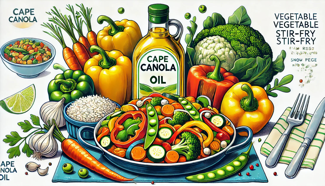 illustration of cape canola oil, stir fry vegetables and lots of greens on a plate