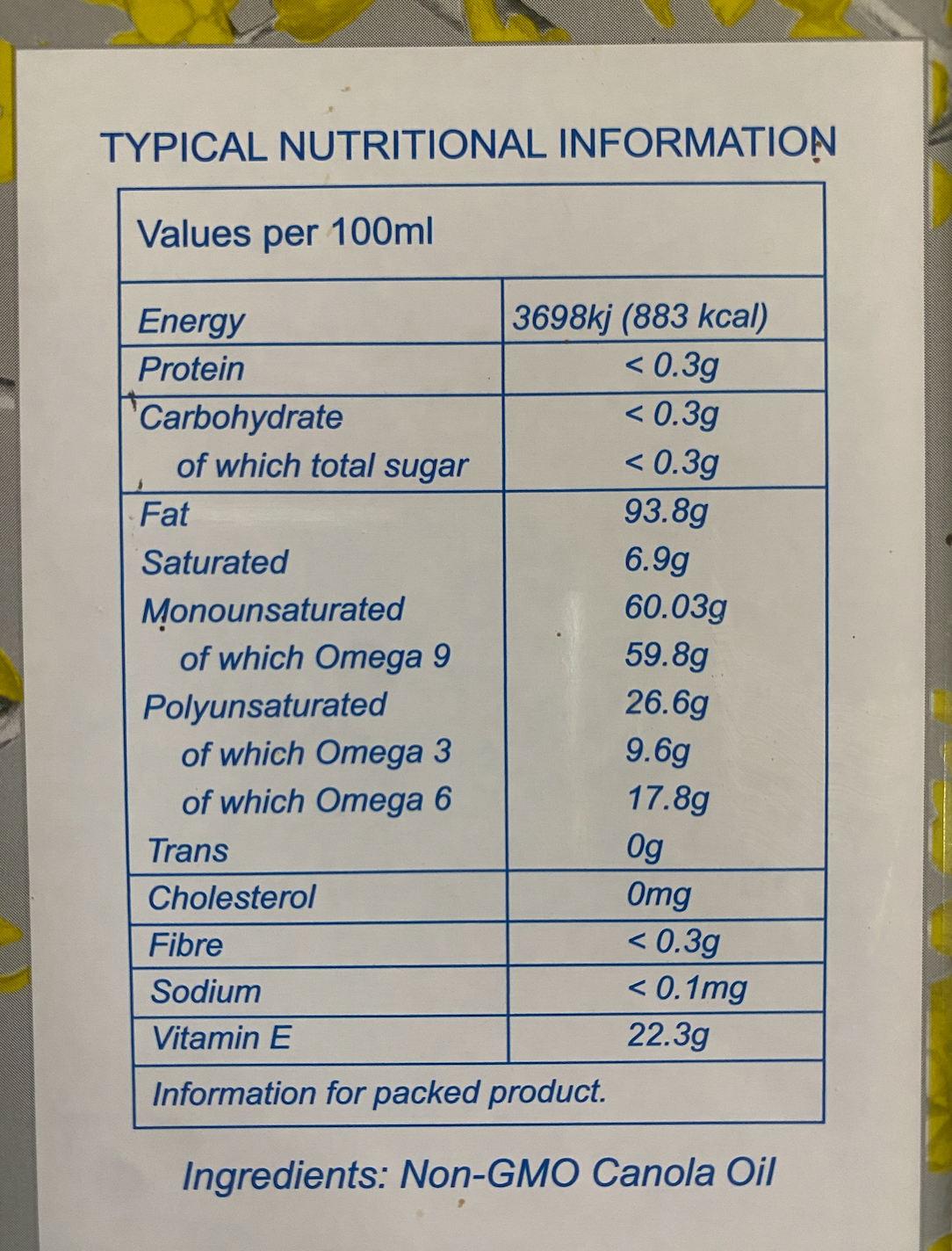 Nutritional Values for Cape Canola Oil