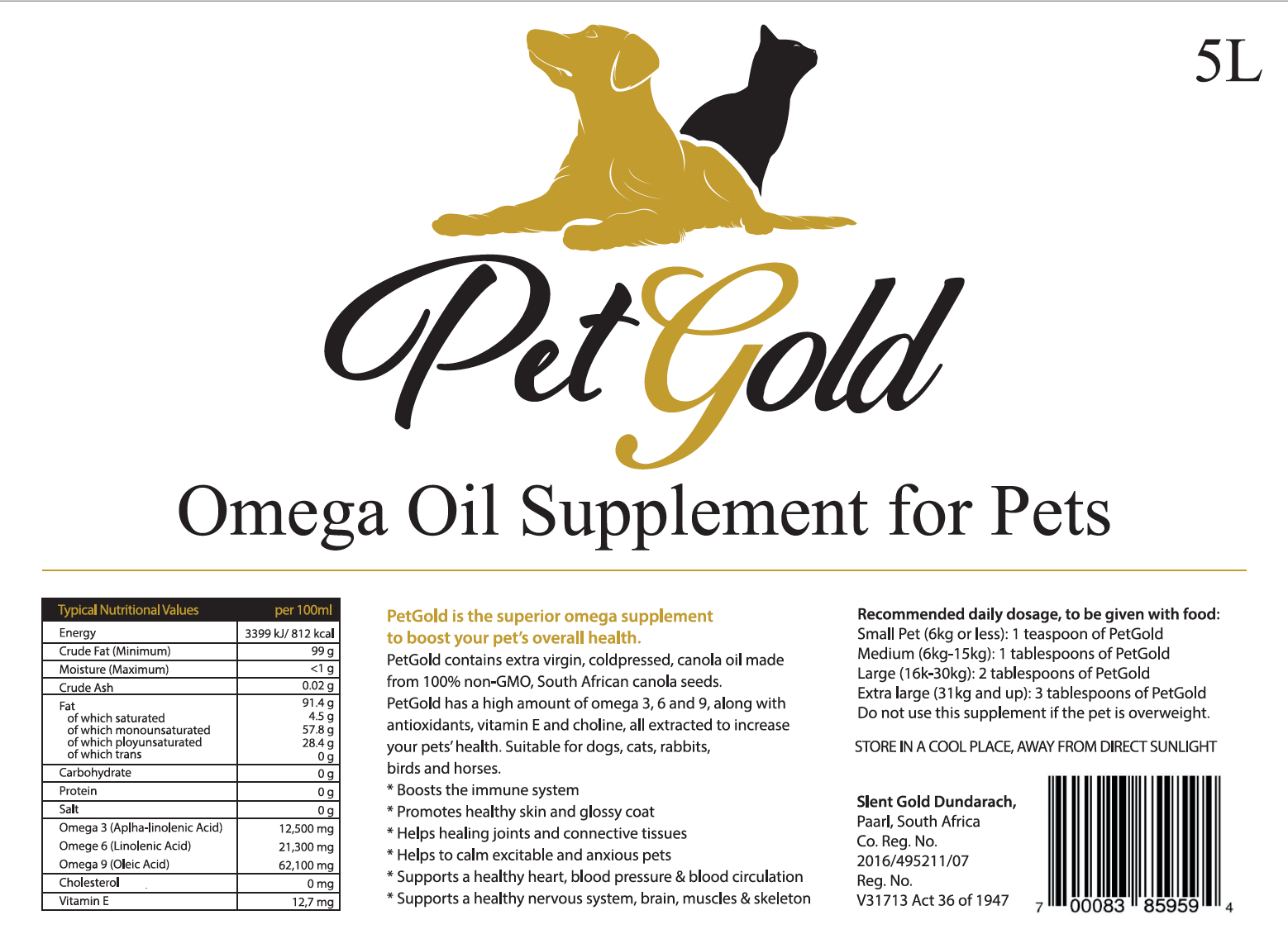 Pet Gold Omega Oil Supplement for Pets 5L x 5